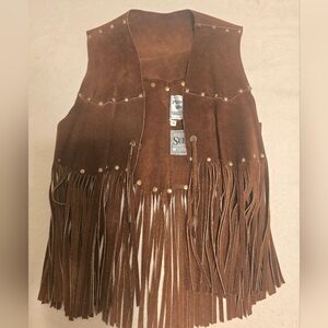 VTG Pioneer Wear Leather Suede Boho Festival Brown Fringe Vest Leather PETITE